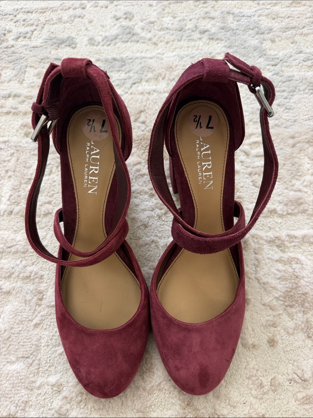 Lauren Ralph Lauren Wine Suede Ankle-Strap Block Heels